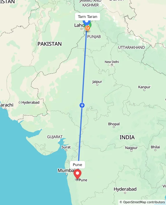 Route map showing distance and travel time from Tarn Taran, India to Pune, India