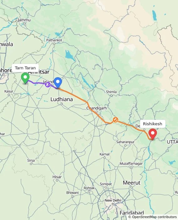 Route map showing distance and travel time from Tarn Taran, India to Rishikesh, India