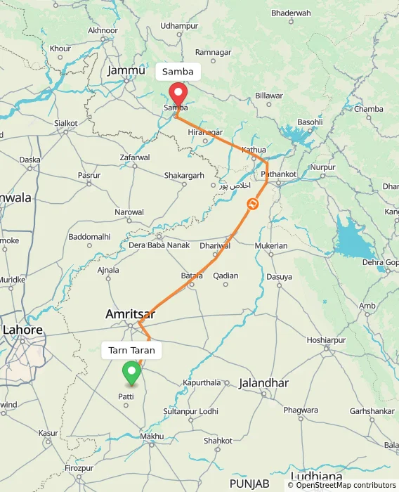 Route map showing distance and travel time from Tarn Taran, India to Samba, India