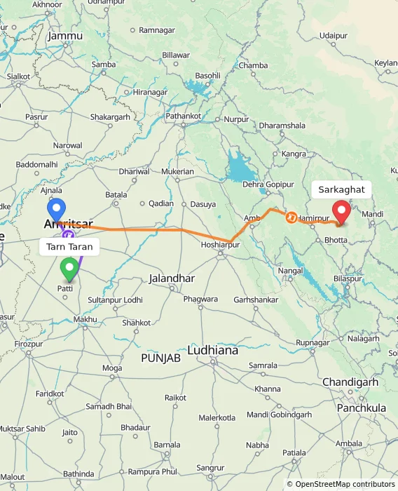Route map showing distance and travel time from Tarn Taran, India to Sarkaghat, India