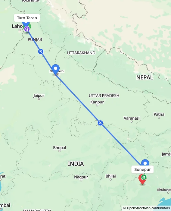 Route map showing distance and travel time from Tarn Taran, India to Sonepur, India