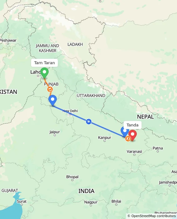 Route map showing distance and travel time from Tarn Taran, India to Tanda, India