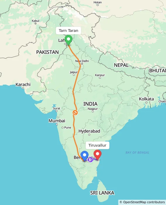 Route map showing distance and travel time from Tarn Taran, India to Tiruvallur, India