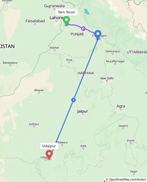 Route map showing distance and travel time from Tarn Taran, India to Udaipur, India