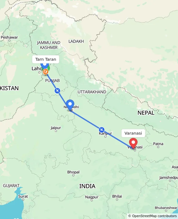 Route map showing distance and travel time from Tarn Taran, India to Varanasi, India