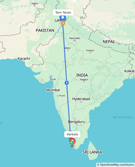 Route map showing distance and travel time from Tarn Taran, India to Varkala, India