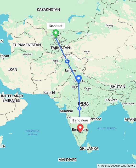 Route map showing distance and travel time from Tashkent, Uzbekistan to Bangalore, India