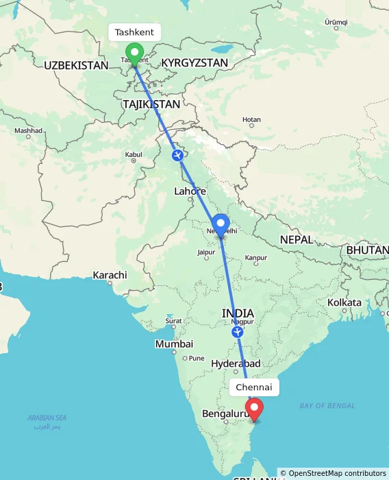 Route map showing distance and travel time from Tashkent, Uzbekistan to Chennai, India