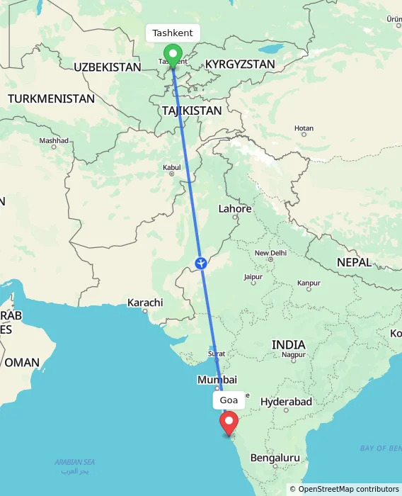 Route map showing distance and travel time from Tashkent, Uzbekistan to Goa, India