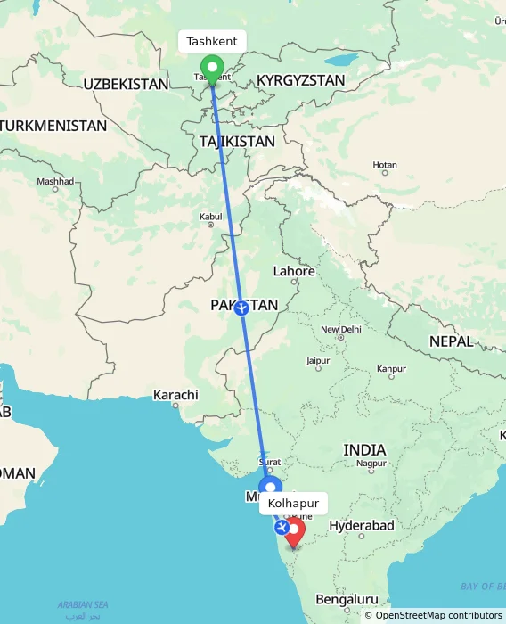 Route map showing distance and travel time from Tashkent, Uzbekistan to Kolhapur, India