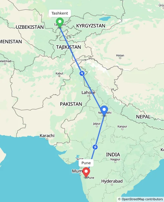 Route map showing distance and travel time from Tashkent, Uzbekistan to Pune, India