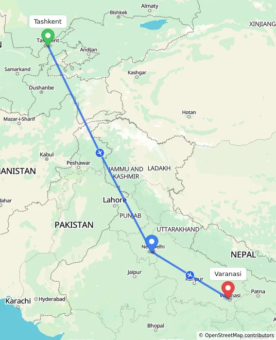 Route map showing distance and travel time from Tashkent, Uzbekistan to Varanasi, India