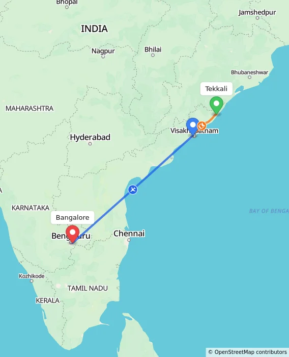 Route map showing distance and travel time from Tekkali, India to Bangalore, India