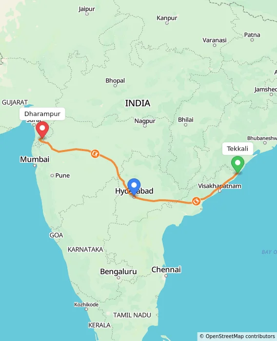 Route map showing distance and travel time from Tekkali, India to Dharampur, India