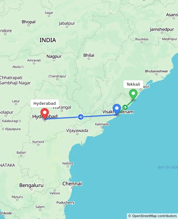 Route map showing distance and travel time from Tekkali, India to Hyderabad, India