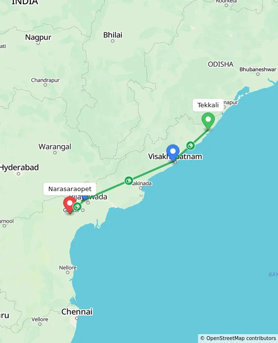 Route map showing distance and travel time from Tekkali, India to Narasaraopet, India
