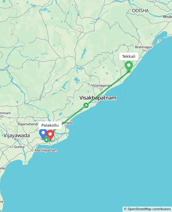 Route map showing distance and travel time from Tekkali, India to Palakollu, India