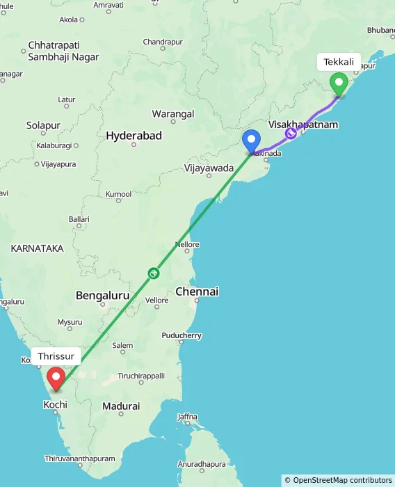 Route map showing distance and travel time from Tekkali, India to Thrissur, India