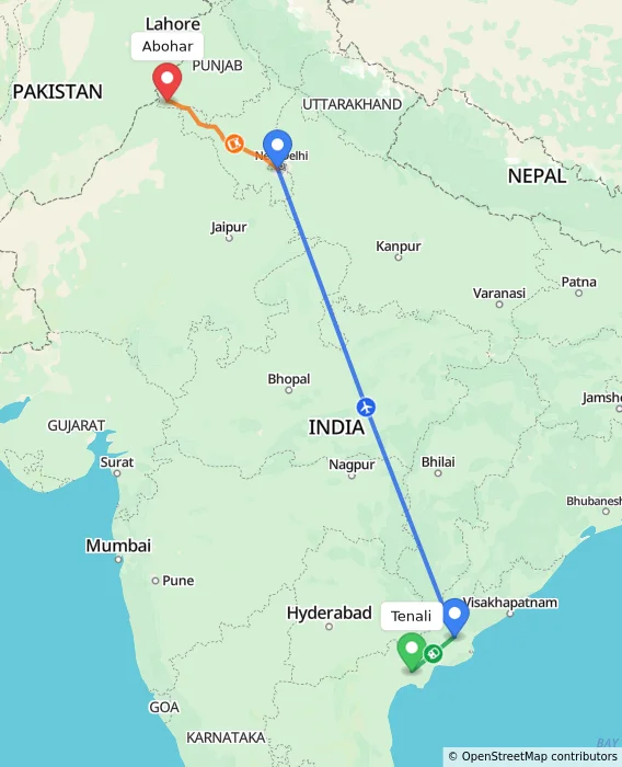 Route map showing distance and travel time from Tenali, India to Abohar, India