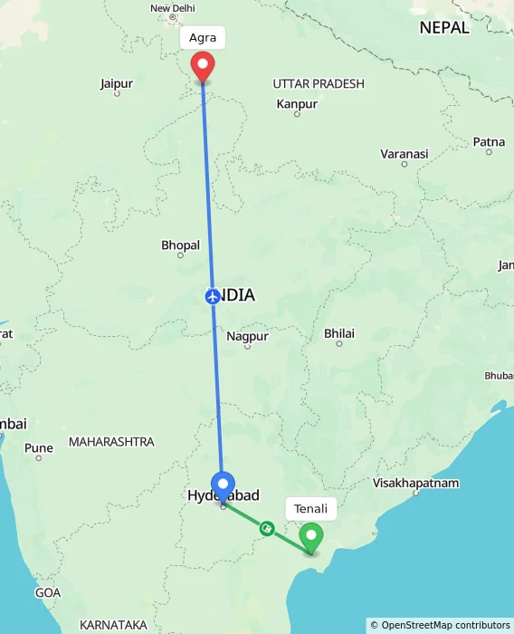 Route map showing distance and travel time from Tenali, India to Agra, India