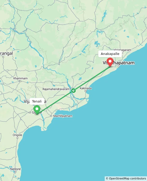 Route map showing distance and travel time from Tenali, India to Anakapalle, India