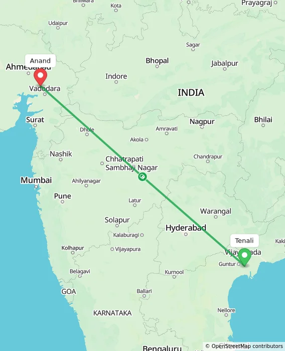 Route map showing distance and travel time from Tenali, India to Anand, India