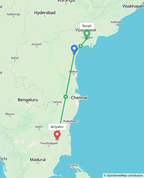 Route map showing distance and travel time from Tenali, India to Ariyalur, India