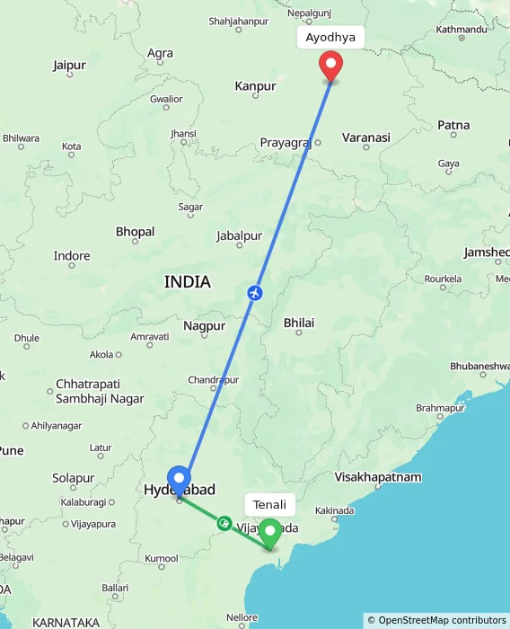 Route map showing distance and travel time from Tenali, India to Ayodhya, India