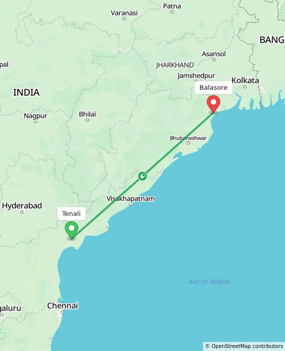 Route map showing distance and travel time from Tenali, India to Balasore, India