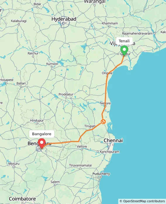 Route map showing distance and travel time from Tenali, India to Bangalore, India