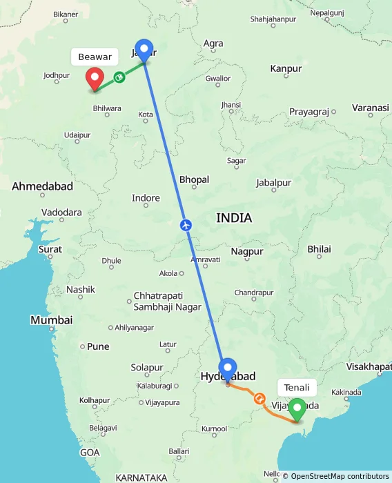 Route map showing distance and travel time from Tenali, India to Beawar, India