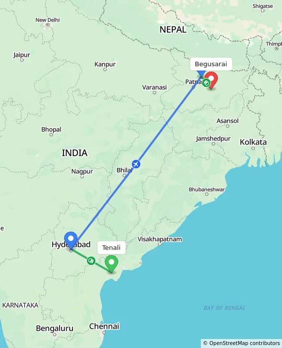Route map showing distance and travel time from Tenali, India to Begusarai, India