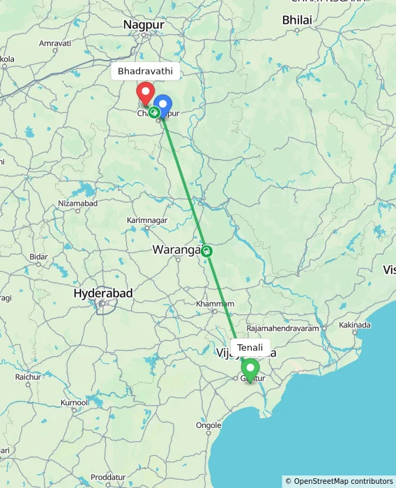 Route map showing distance and travel time from Tenali, India to Bhadravathi, India