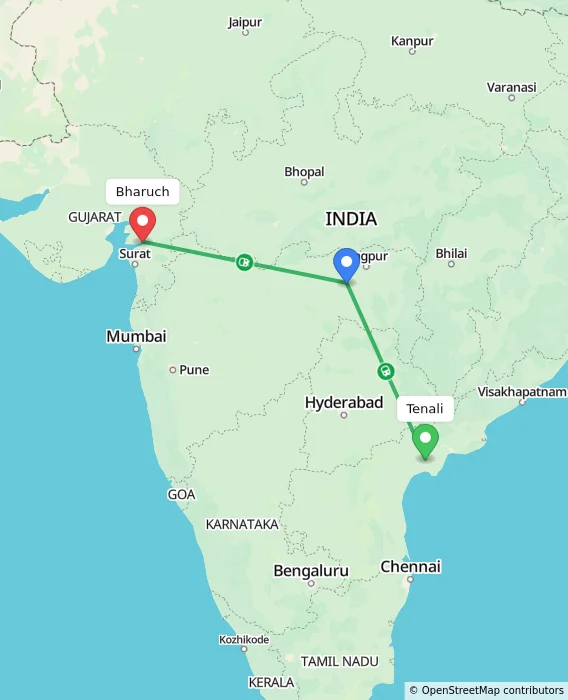 Route map showing distance and travel time from Tenali, India to Bharuch, India