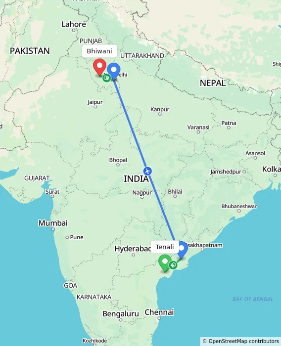 Route map showing distance and travel time from Tenali, India to Bhiwani, India