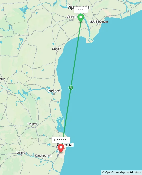 Route map showing distance and travel time from Tenali, India to Chennai, India