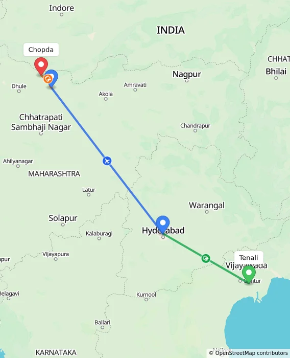 Route map showing distance and travel time from Tenali, India to Chopda, India