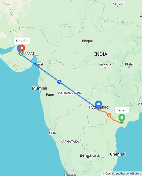 Route map showing distance and travel time from Tenali, India to Chotila, India