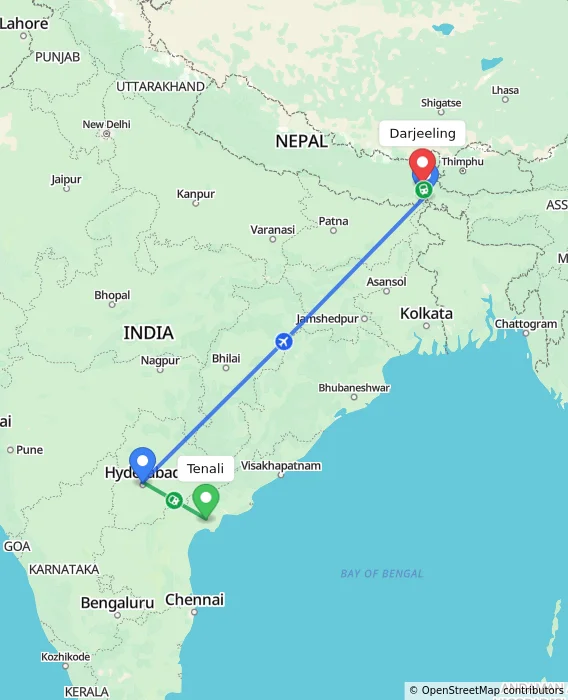 Route map showing distance and travel time from Tenali, India to Darjeeling, India