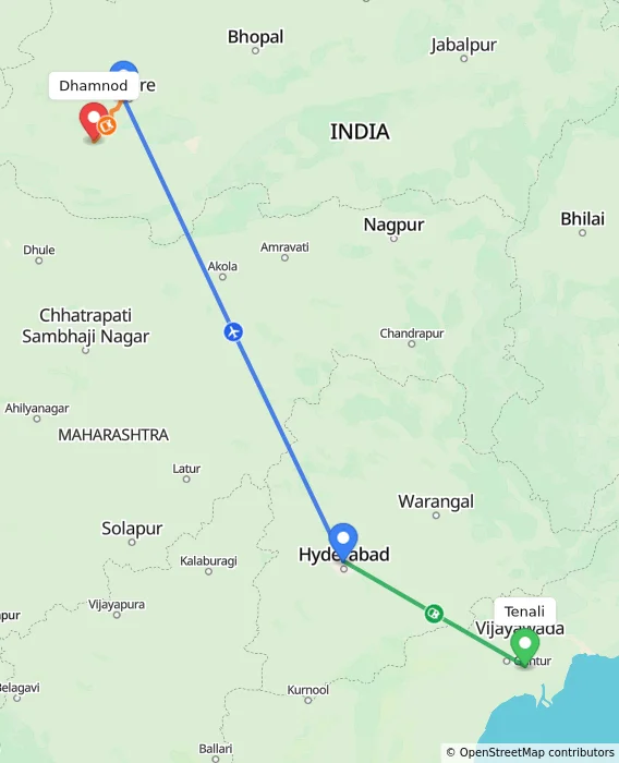 Route map showing distance and travel time from Tenali, India to Dhamnod, India