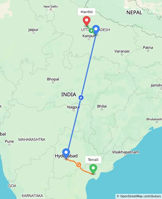 Route map showing distance and travel time from Tenali, India to Hardoi, India