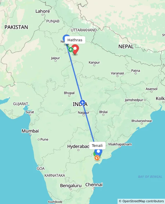 Route map showing distance and travel time from Tenali, India to Hathras, India