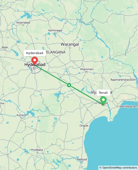 Route map showing distance and travel time from Tenali, India to Hyderabad, India