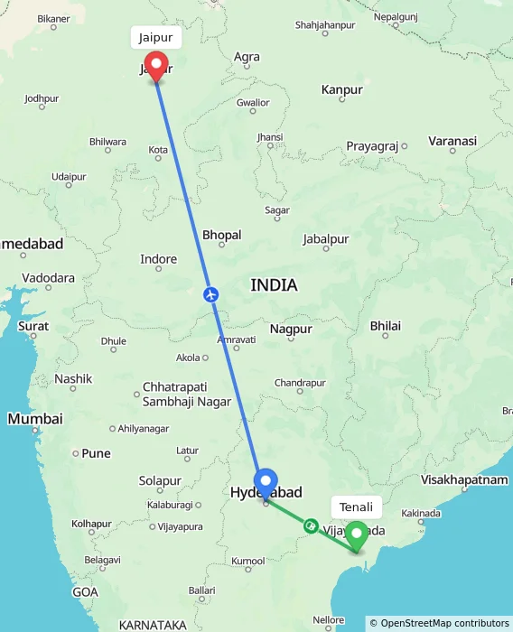Route map showing distance and travel time from Tenali, India to Jaipur, India