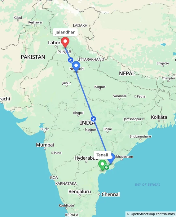 Route map showing distance and travel time from Tenali, India to Jalandhar, India