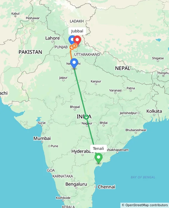 Route map showing distance and travel time from Tenali, India to Jubbal, India