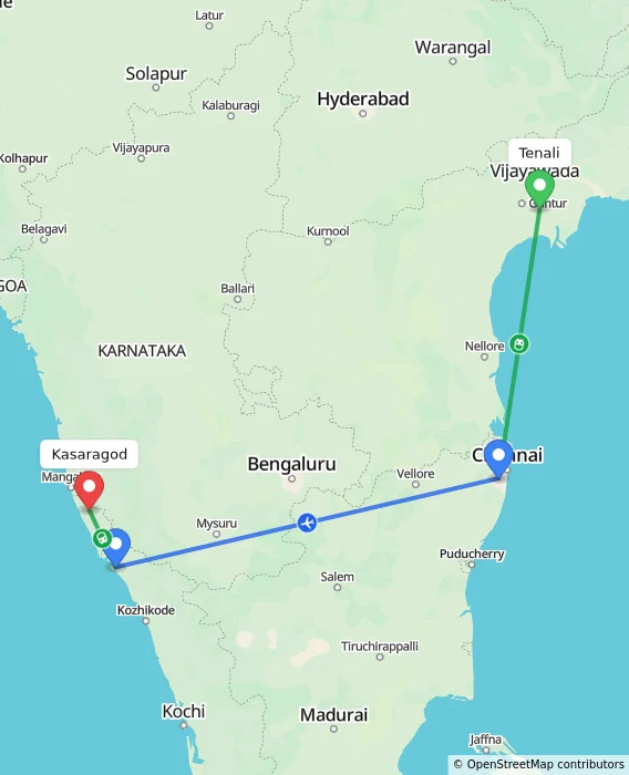 Route map showing distance and travel time from Tenali, India to Kasaragod, India