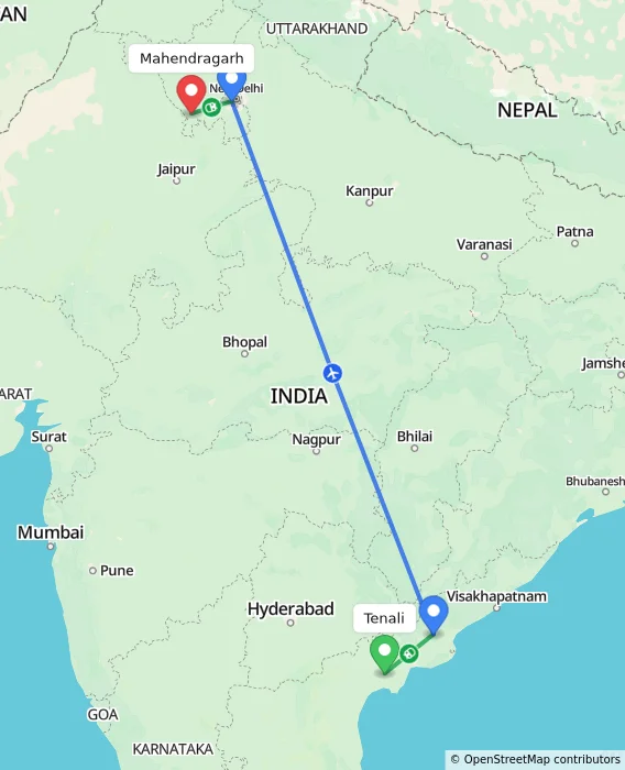 Route map showing distance and travel time from Tenali, India to Mahendragarh, India