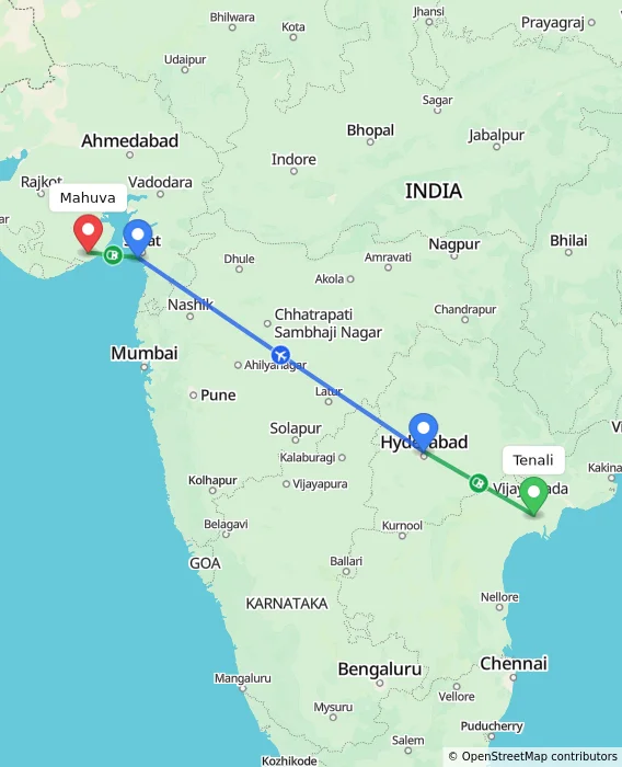Route map showing distance and travel time from Tenali, India to Mahuva, India