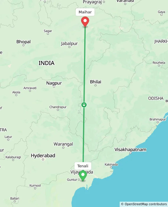 Route map showing distance and travel time from Tenali, India to Maihar, India
